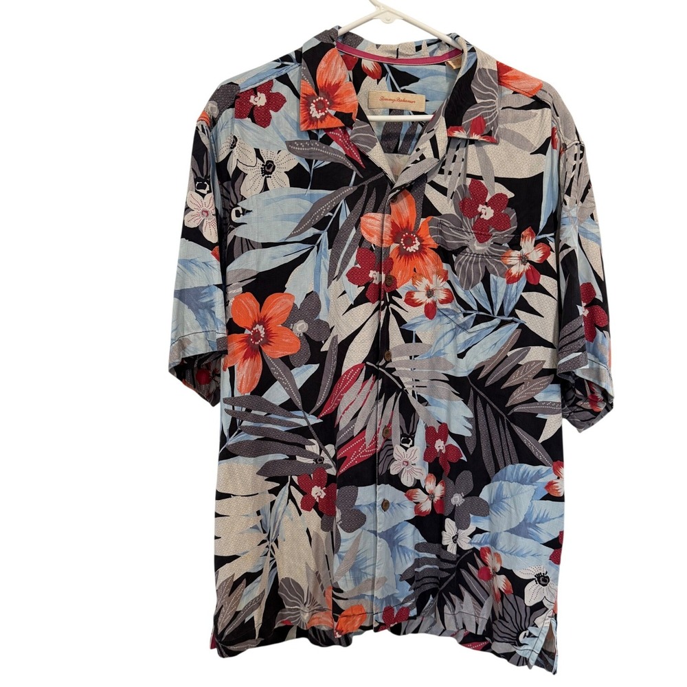 Tommy Bahama Mens Large Silk Tropical Floral Aloha Camp Shirt Black Blue Orange